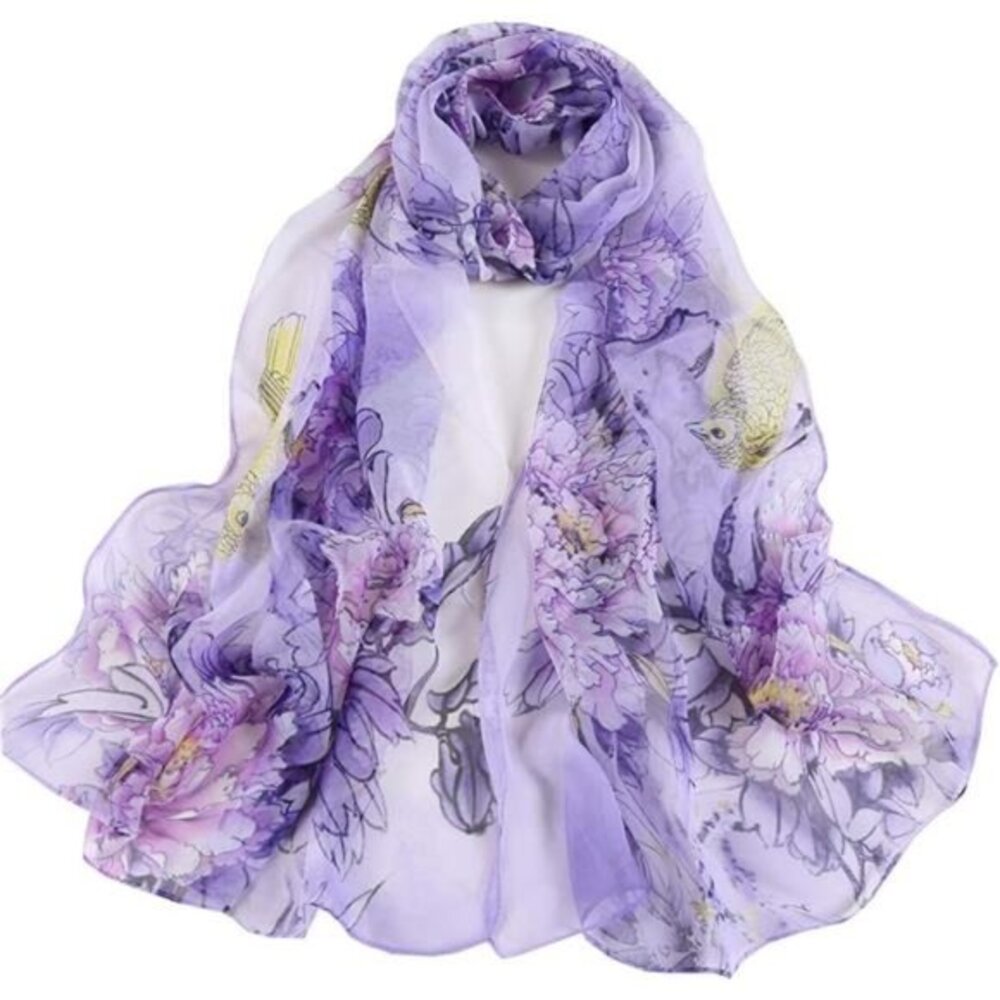 Unique Women's Floral Scarves: Chiffon Flowers & Birds Printed Scarf